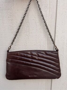 Vintage Calvin Klein Brown Leather Shoulder Bag / Chain Strap / Y2K Minimalist